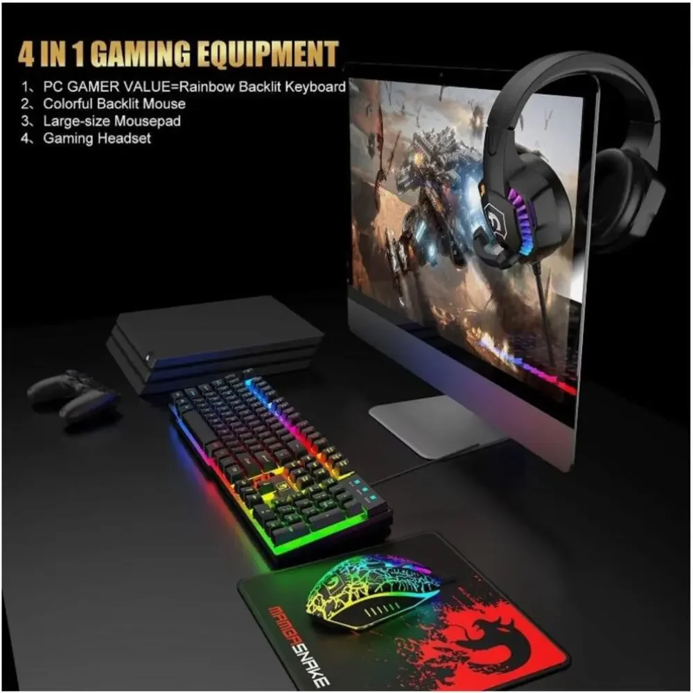 MAMBASNAKE T11 Wired Keyboard Combo, Mouse, Headphone& Pad, Rainbow LED Backlit
